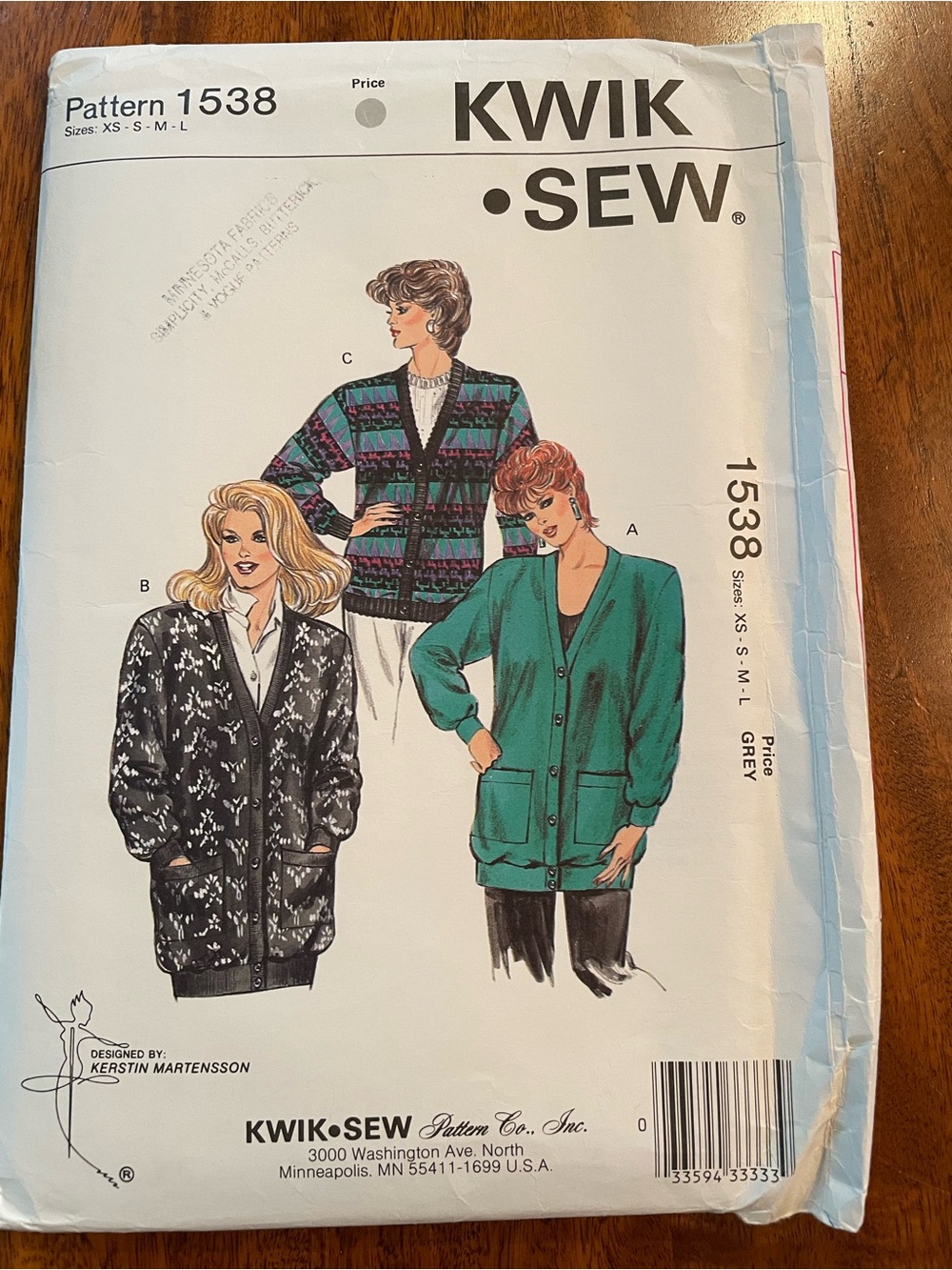 Kwik Sew 1986 FF Pattern #1538 Women’s Button Up V Neck Cardigan Sweater XS-L